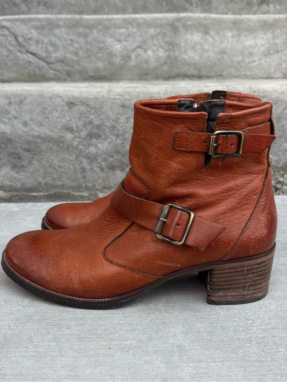 Paul Green München Cognac Leather Double Buckle Ankle Boots Women’s US 8 / EU 5½
